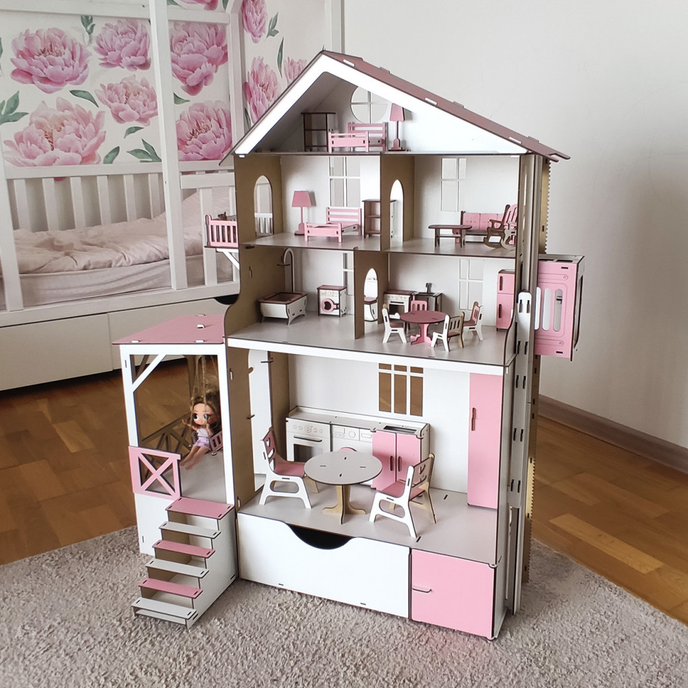 Великий дерев'яний будиночок для ляльок з аксесуарами та ліфтом 140