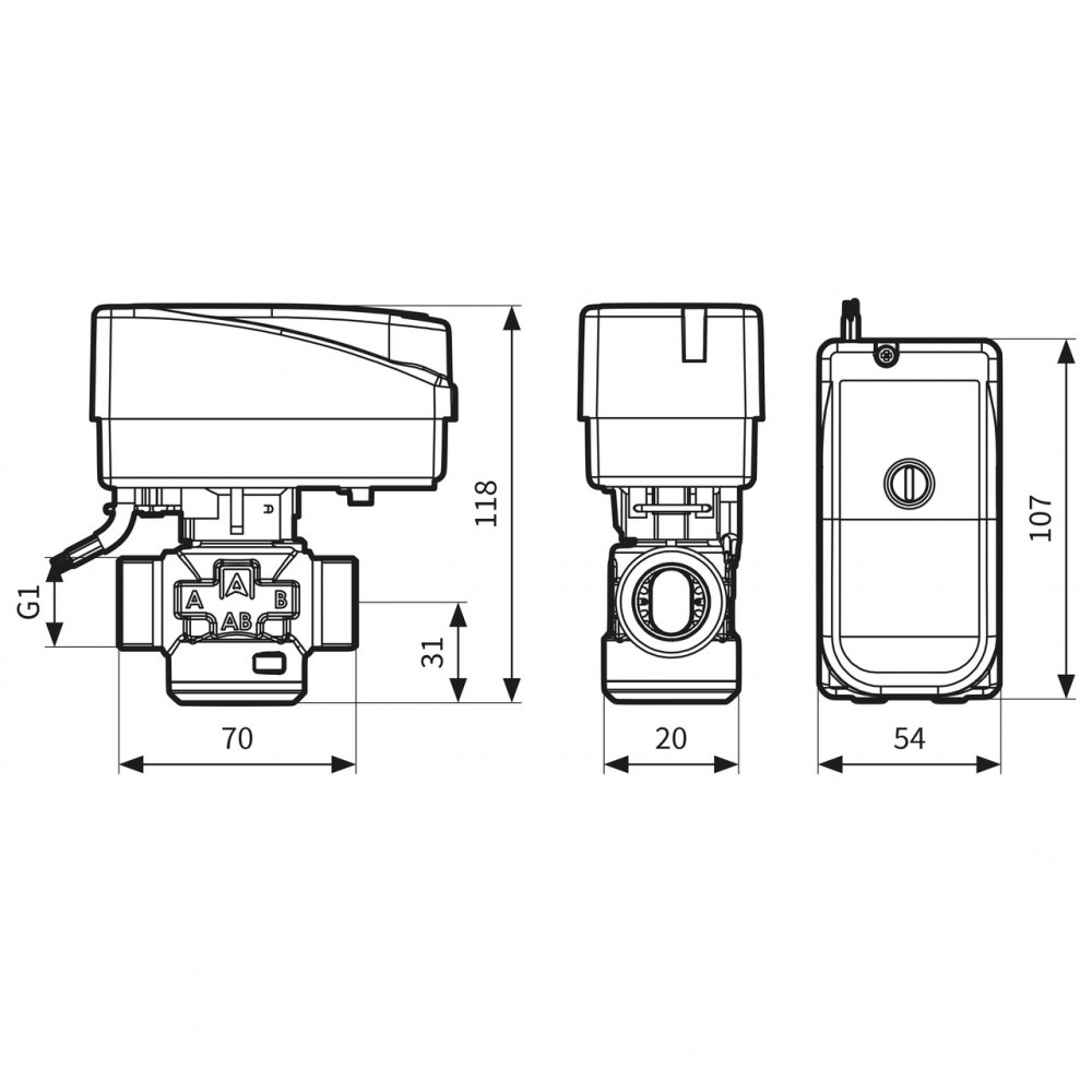 1664300 3-ходовий зонний клапан AZV643 DN20, G1", kvs 8, 230В АС 2 точки, з кабелем 1664300