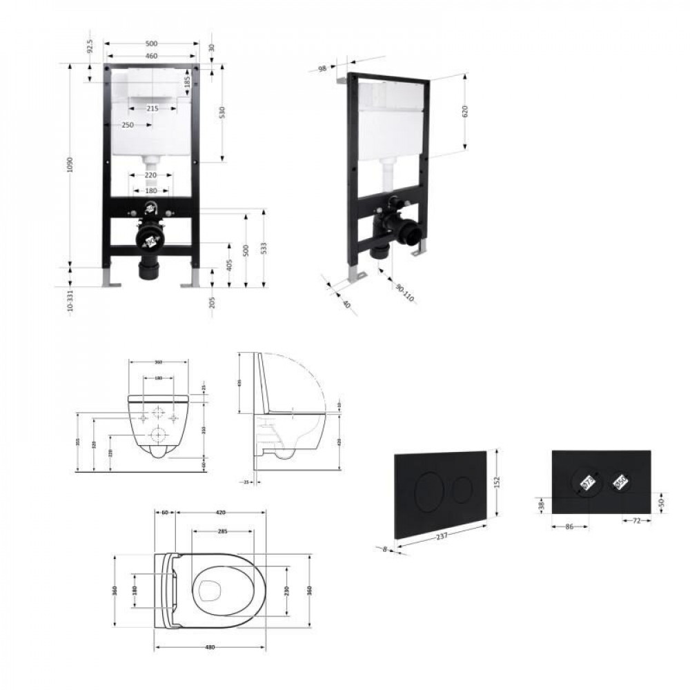 Готове рішення Qtap для ванної кімнати: підвісний унітаз Swan Ultra Quiet 485x360x320 + комплект інсталяції Standard (кругла клавіша Black) SD00057753