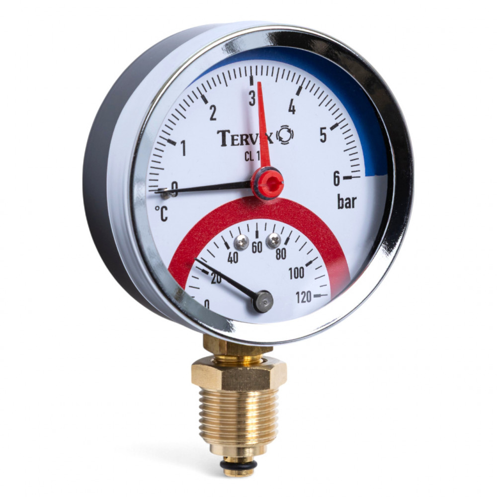 357317 термоманометр Tervix Pro Line 80/0-6 бар, 0-120С, радиальный, с монтажным клапаном 1/2" 357317