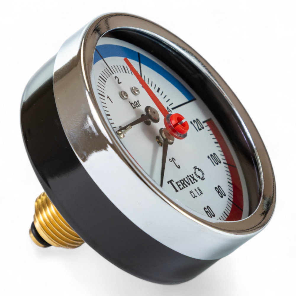 357816 термоманометр Tervix Pro Line 80/0-4 бар, 0-120 С аксіальний, з монтажним клапаном 1/2" 357816
