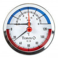 357817 термоманометр Tervix Pro Line 80/0-6 бар, 0-120 С аксиальный, с монтажным клапаном 1/2"