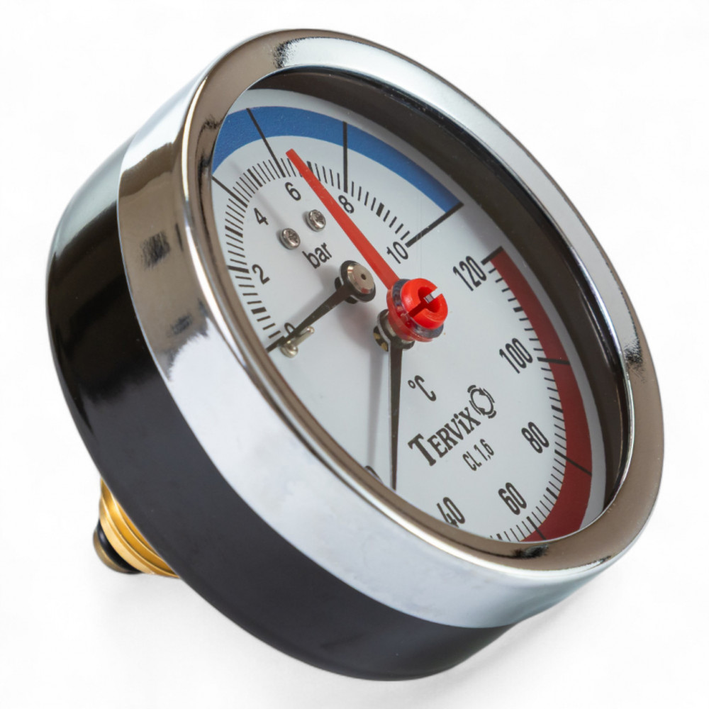 357818 термоманометр Tervix Pro Line 80/0-10 бар, 0-120 С аксиальный, с монтажным клапаном 1/2" 357818