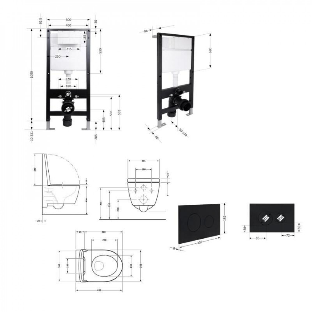 Готове рішення Qtap для ванної кімнати: підвісний унітаз Taurus Ultra Quiet 485x360x350 + комплект інсталяції Standard (кругла клавіша Black) SD00057771