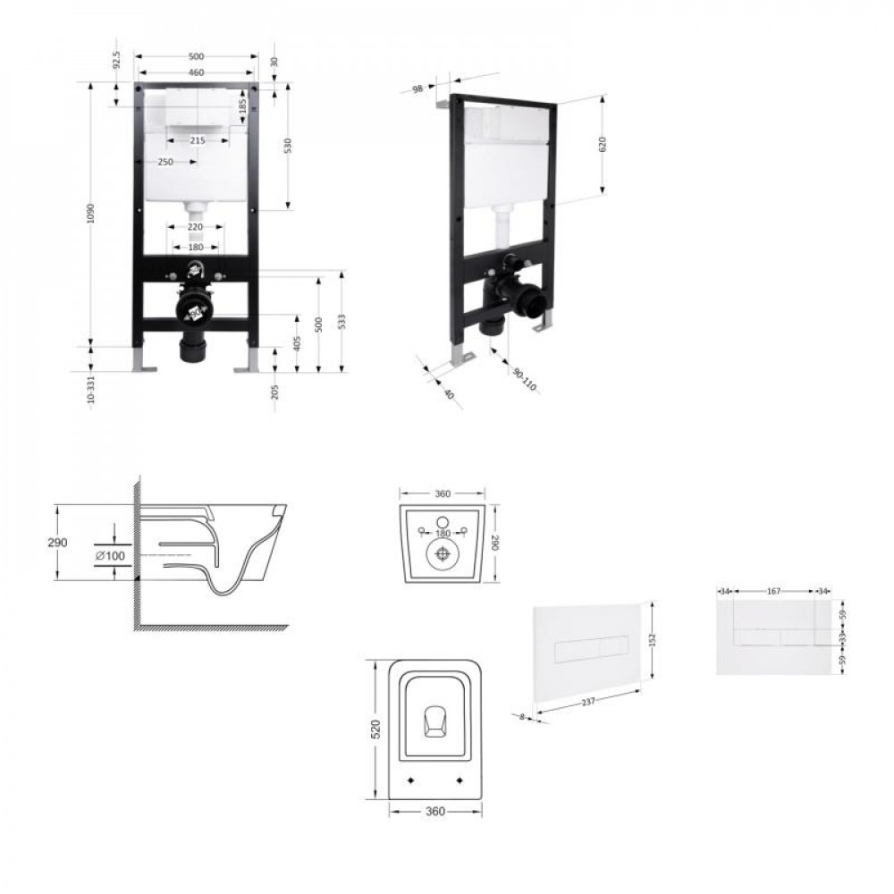 Готове рішення Qtap для ванної кімнати: підвісний унітаз Crow Ultra Quiet 520x360x290 + комплект інсталяції Standard (лінійна клавіша White) SD00057743