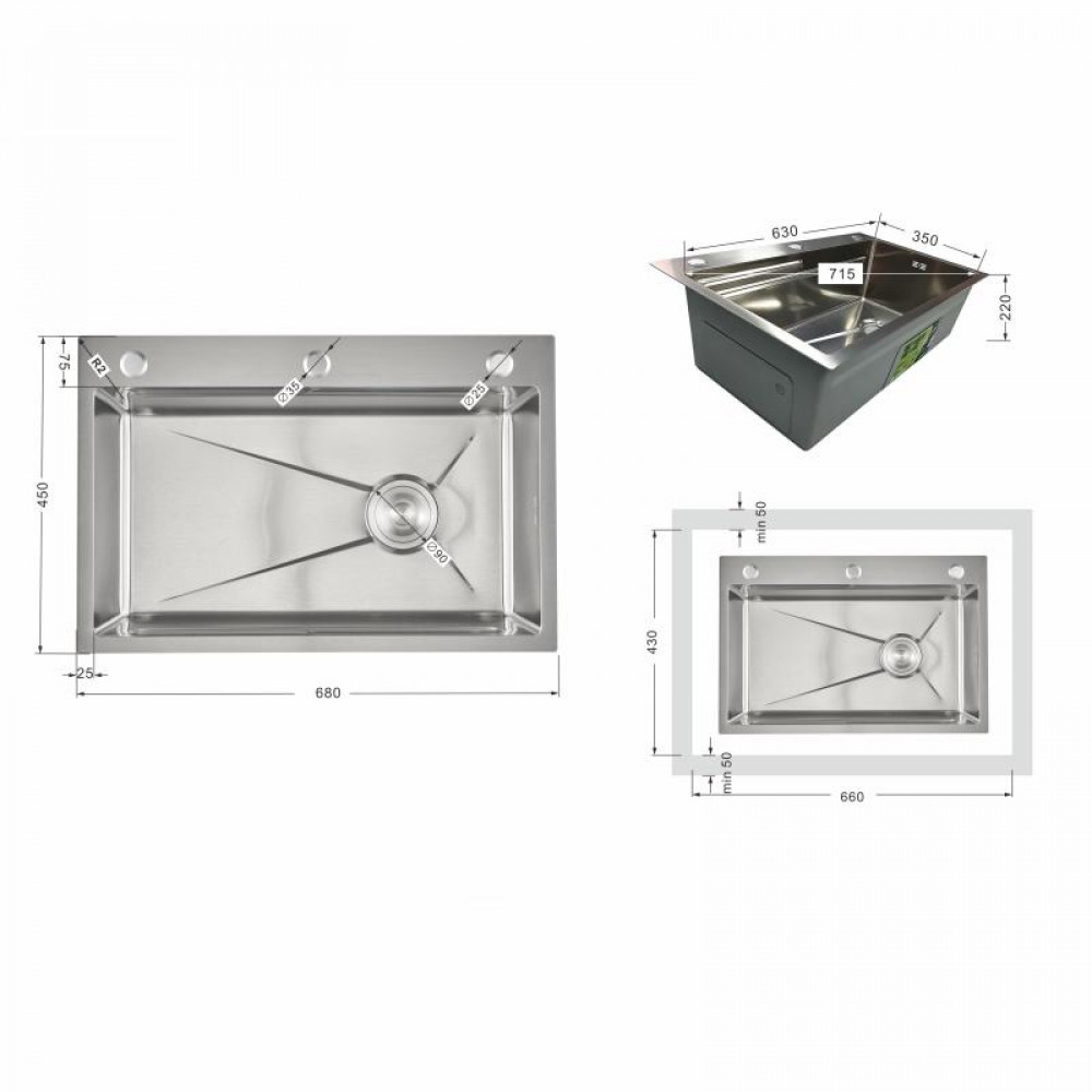 Мийка для кухні інтегрована Lidz Handmade H6845 Brushed Steel 3,0/1,0 мм LDH6845BRU49455 SD00055579