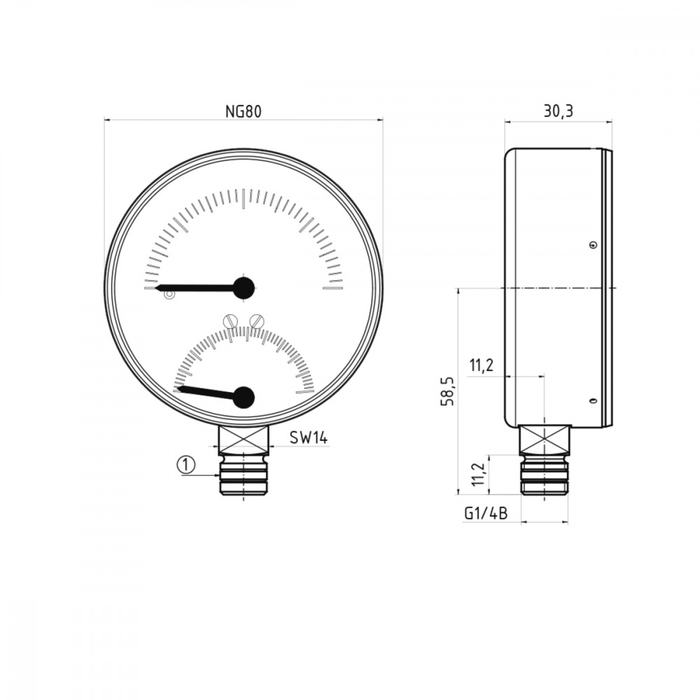 63338 Термоманометр ТМ80 0-6 бар, 20-120С, радіальний, з монтажним клапаном R1/2" 63338