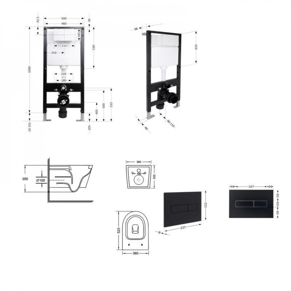 Готове рішення Qtap для ванної кімнати: підвісний унітаз Swan Ultra Quiet 520x360x320 + комплект інсталяції Standard (лінійна клавіша Black) SD00057768