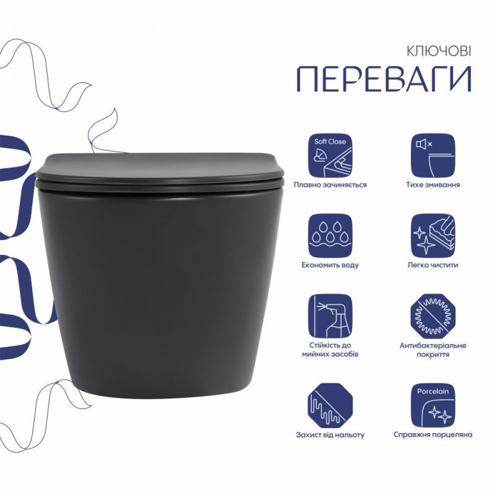 Унітаз підвісний Qtap Robin Ultra Quiet 520×365×340 мм, Anthracite, з сидінням Slim Duroplast / Soft-close / Quick Release QTROB26AN48995 SD00055119