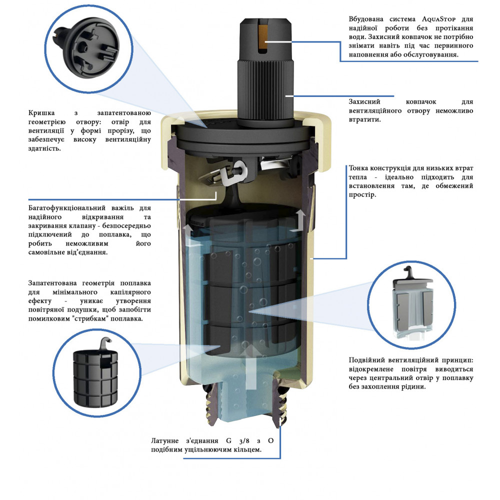 7771010 Автоматичний розповітрювач PrimoVent G3/8" з Aquastop латунь 7771010