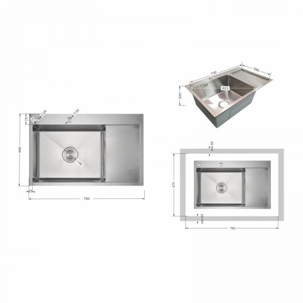 Мийка для кухні інтегрована Lidz Handmade Max 500 H7849R Brushed Steel, 3,0/1,0 мм, крило праворуч, збільшена чаша LDH7849RBRU49464 SD00055588