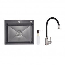 Акційний набір Lidz: мийка інтегрована Decor Black PVD Honeycomb 2,5/0,5 мм + Змішувач Aria для кухні з гнучким виливом (k35) Black