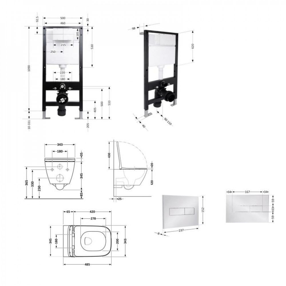 Готове рішення Qtap для ванної кімнати: підвісний унітаз Gemini Ultra Quiet 485x340x350 + комплект інсталяції Standard (лінійна клавіша Chrome) SD00057784