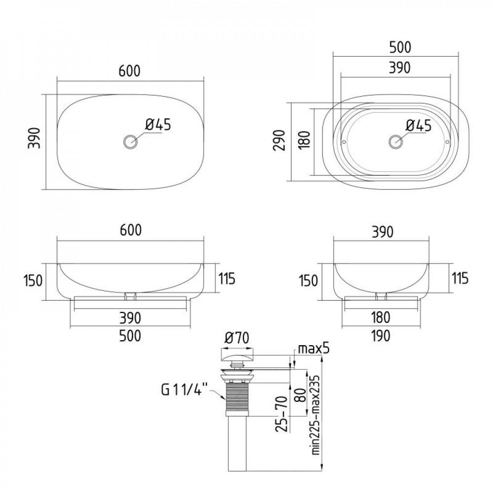 Раковина накладна Qtap Robin 600x390x150 мм, Stone grey, прямокутна, з донним клапаном QTROB188SG49786 SD00055910