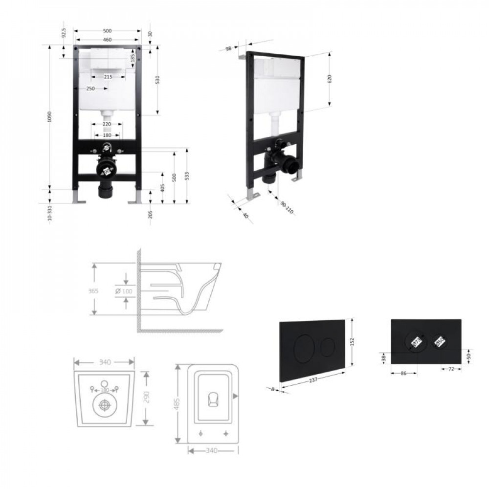 Готове рішення Qtap для ванної кімнати: підвісний унітаз Crow Rimless 485x340x330 + комплект інсталяції Standard (кругла клавіша Black) SD00057729