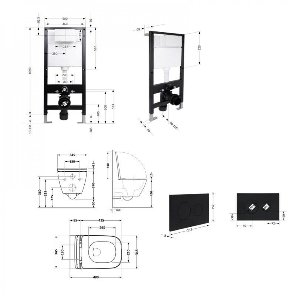 Готове рішення Qtap для ванної кімнати: підвісний унітаз Tern Ultra Quiet 490x365x325 + комплект інсталяції Standard (кругла клавіша Black) SD00057681