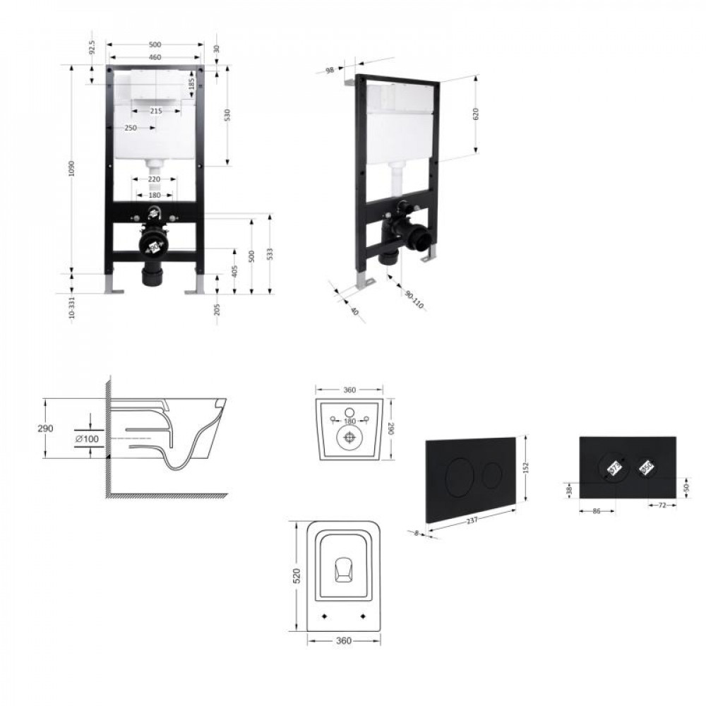 Готове рішення Qtap для ванної кімнати: підвісний унітаз Crow Ultra Quiet 520x360x290 + комплект інсталяції Standard (кругла клавіша Black) SD00057741