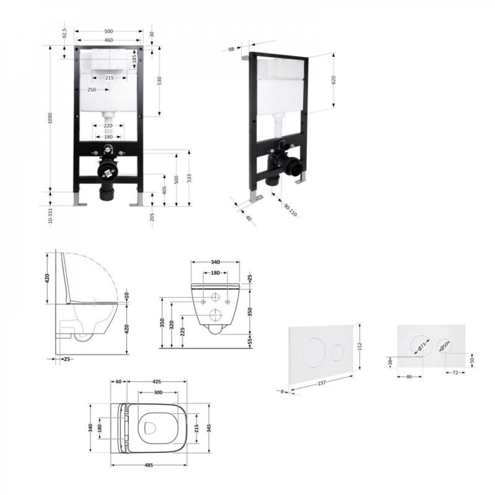 Готове рішення Qtap для ванної кімнати: підвісний унітаз Crow Ultra Quiet 485x340x290 + комплект інсталяції Standard (кругла клавіша White) SD00057734