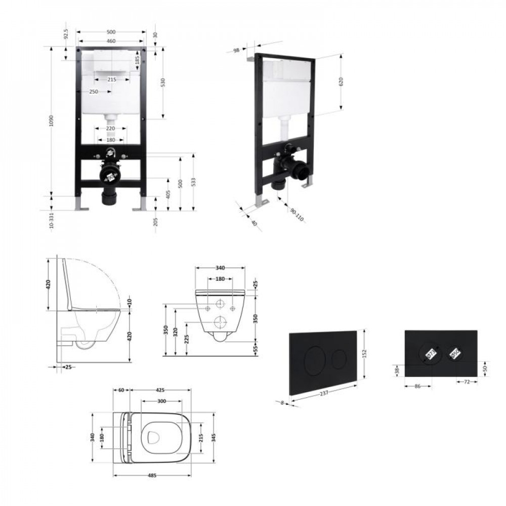 Готове рішення Qtap для ванної кімнати: підвісний унітаз Crow Ultra Quiet 485x340x290 + комплект інсталяції Standard (кругла клавіша Black) SD00057735