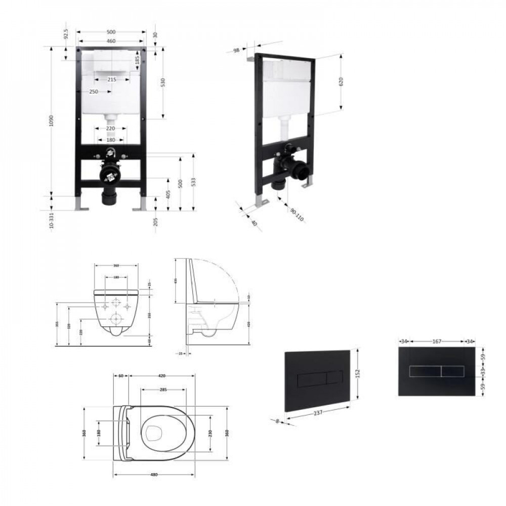 Готове рішення Qtap для ванної кімнати: підвісний унітаз Swan Ultra Quiet 485x360x320 + комплект інсталяції Standard (лінійна клавіша Black) SD00057756