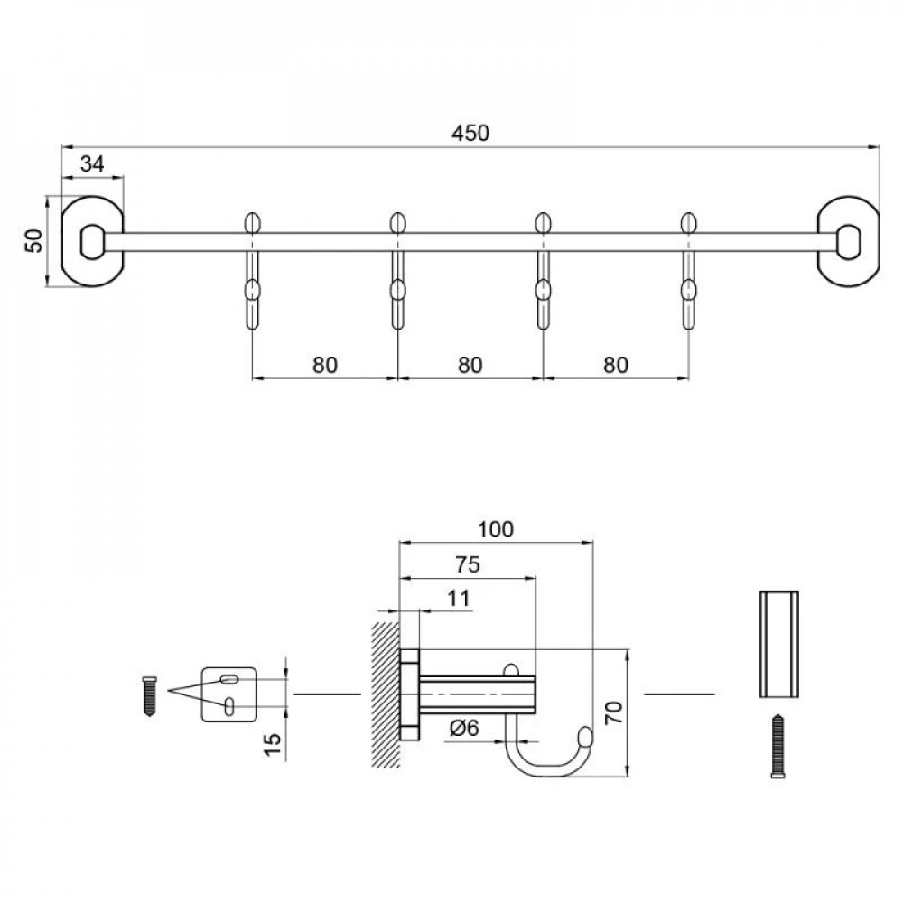 Тримач для рушника Qtap Liberty 4 гачка 450 мм QTLIBCRM11544 Chrome SD00031716