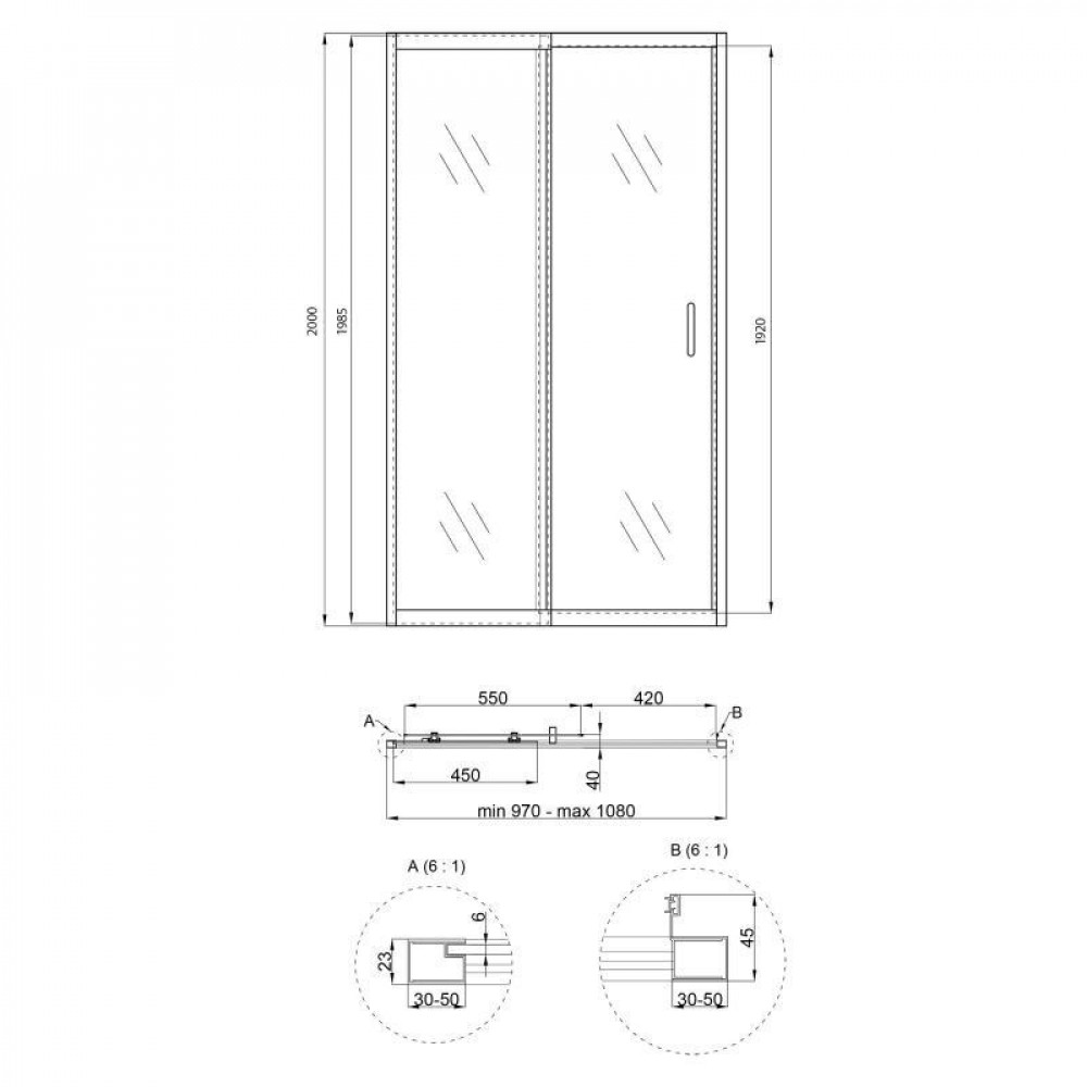 Душові двері в нішу Qtap Taurus CRM201-11.C6 97-108x185 см, скло Clear 6 мм, покриття CalcLess SD00039722