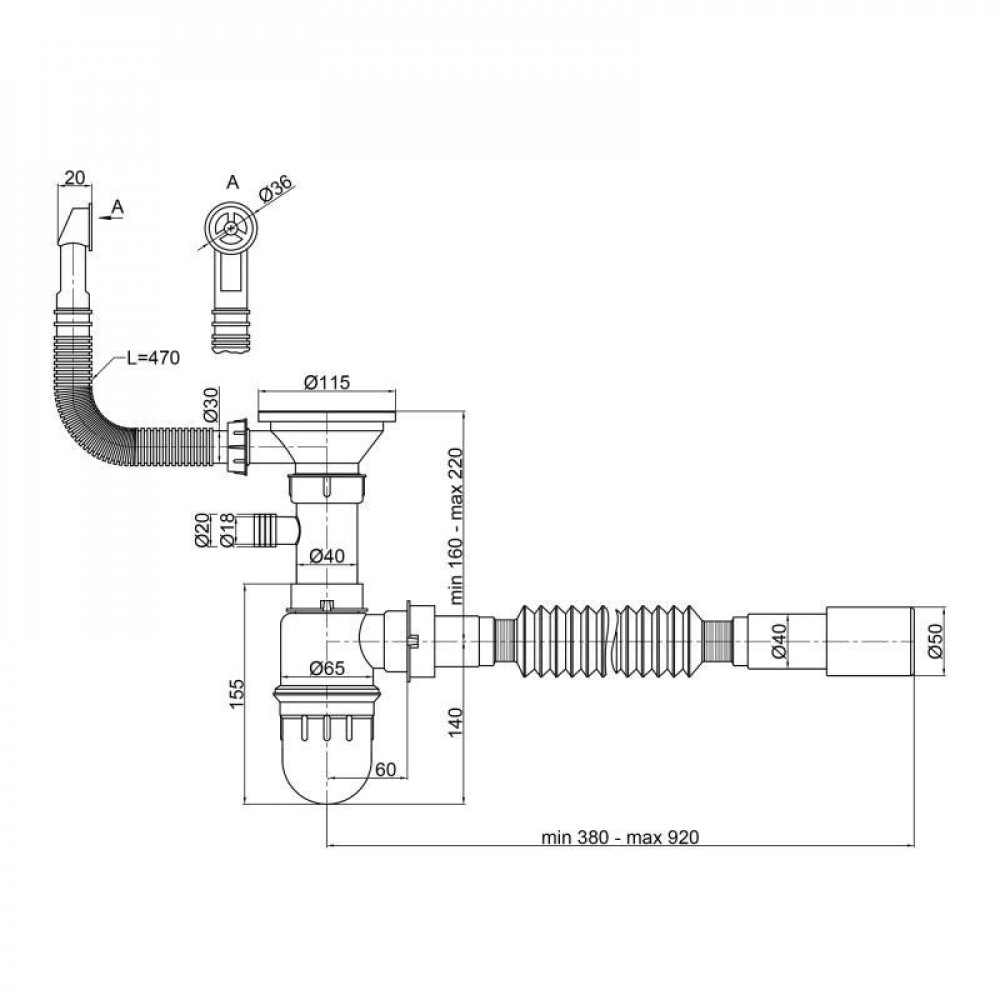 Сифон для кухонної мийки Lidz (GRA) 47 01 003 01 з круглим переливом (вихід 50/40мм) SD00041545