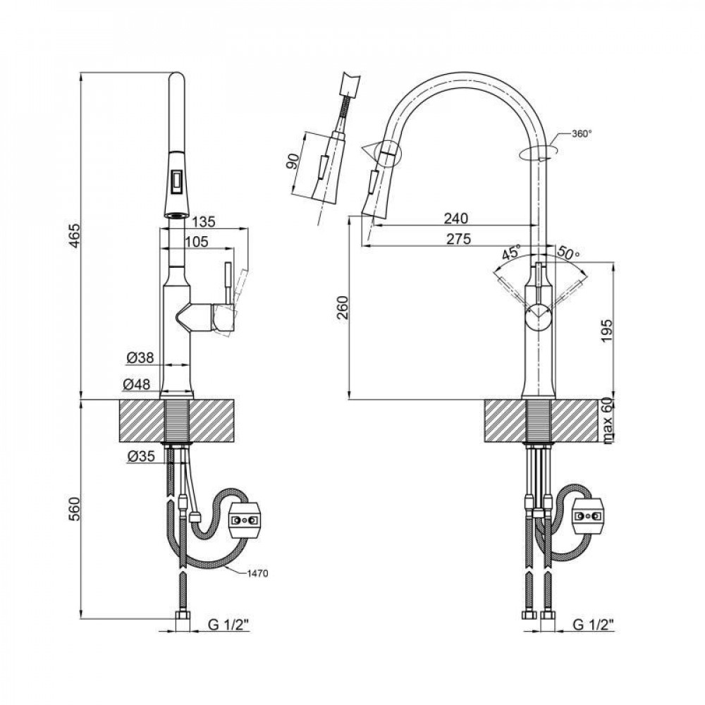 Змішувач для кухні Qtap Baruska з висувним виливом QTBAR9137103UB Black Matt SD00042271