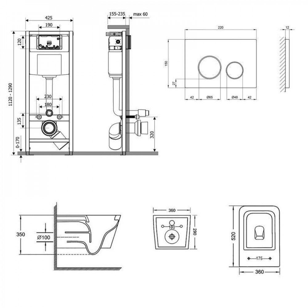 Готове рішення Qtap для ванної кімнати: підвісний унітаз Crow Rimless 520х360х290 + комплект інсталяції Nest 4 в 1 (кругла клавіша SD00042988