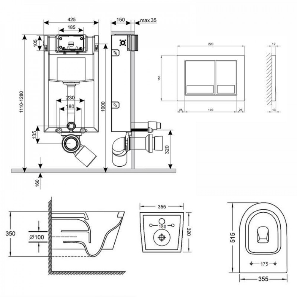 Готове рішення Qtap для ванної кімнати: підвісний унітаз Swan + комплект інсталяції Nest 4 в 1 (квадратна SD00042990