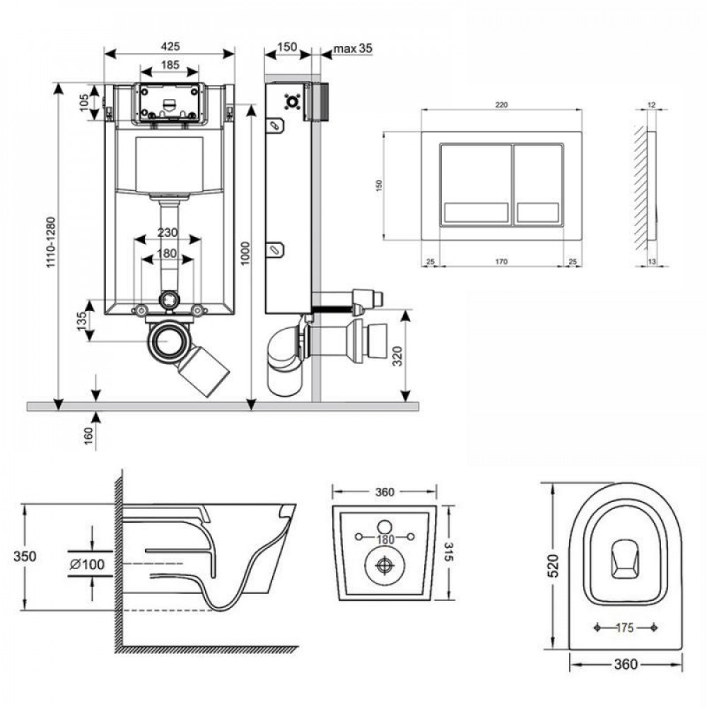 Готове рішення Qtap для ванної кімнати: підвісний унітаз Jay + комплект інсталяції Nest 4 в 1 (квадратна SD00042998