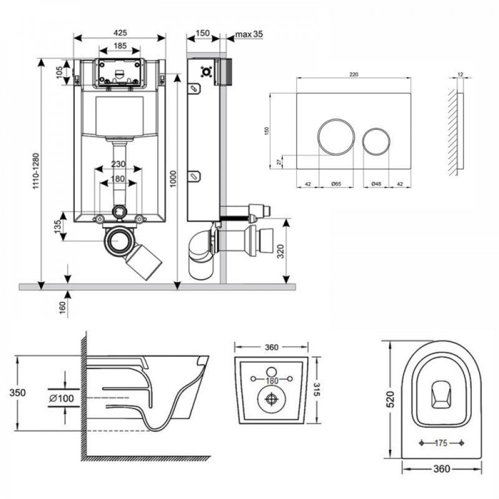 Готове рішення Qtap для ванної кімнати: підвісний унітаз Jay + комплект інсталяції Nest 4 в 1 (кругла клавіша SD00043004
