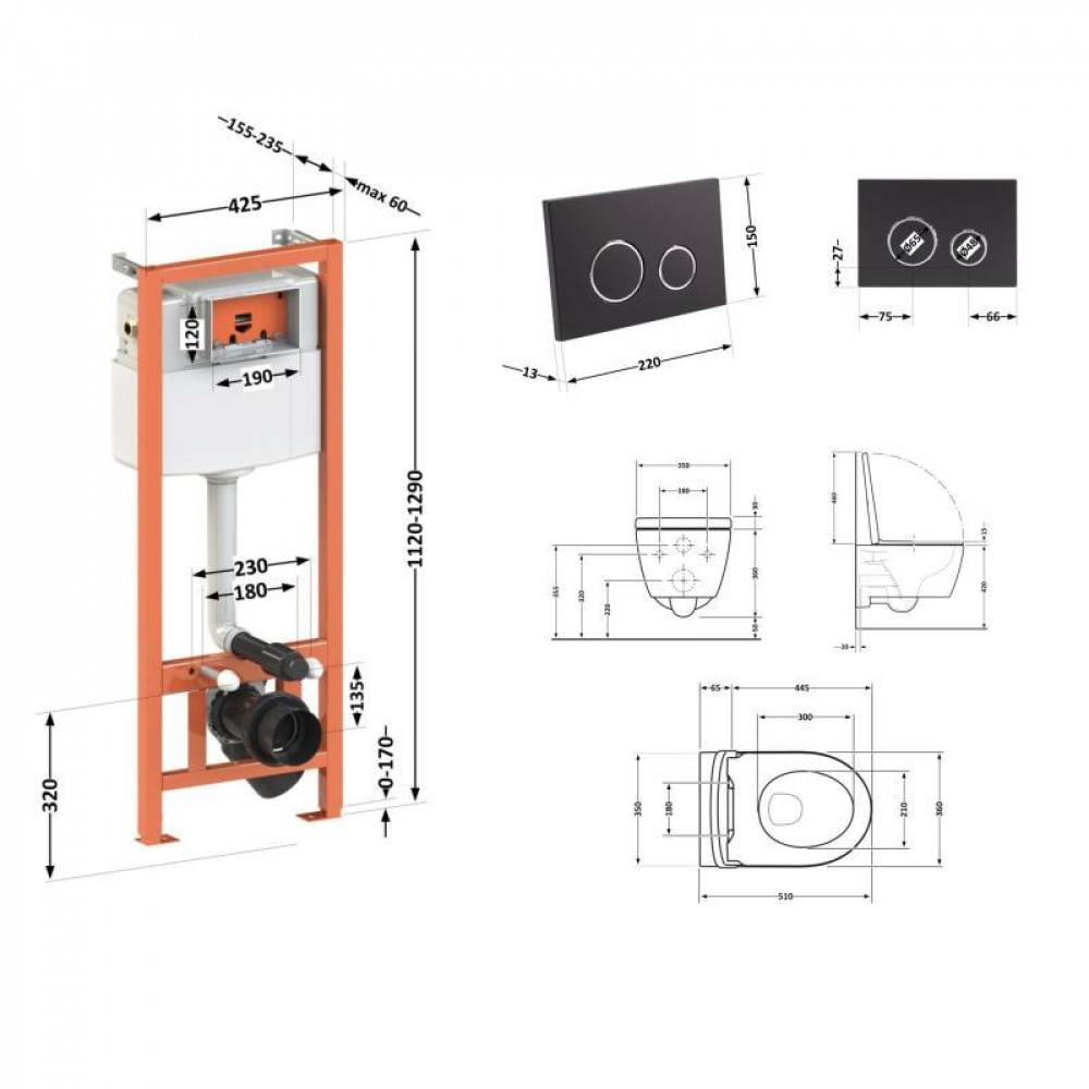 Готове рішення Qtap для ванної кімнати: підвісний унітаз Scorpio + комплект інсталяції Nest 4 в 1 (кругла SD00051288