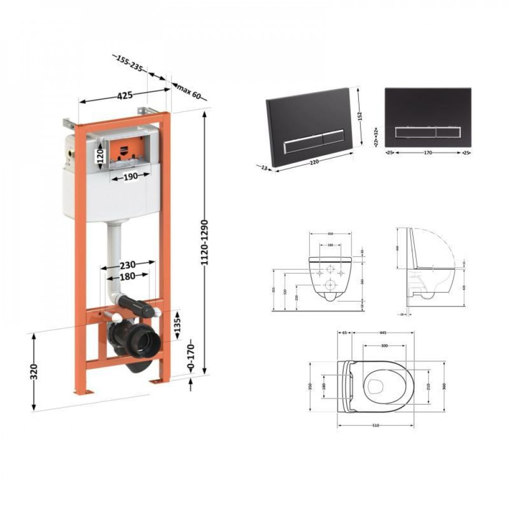 Готове рішення Qtap для ванної кімнати: підвісний унітаз Scorpio + комплект інсталяції Nest 4 в 1 (лінійна SD00051291