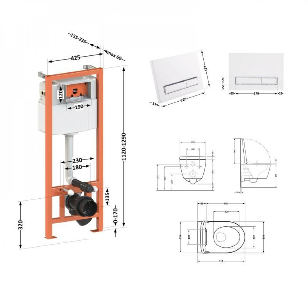 Готове рішення Qtap для ванної кімнати: підвісний унітаз Scorpio Ultra Quiet 520x365x365 + комплект інсталяції Nest 4 в 1 (лінійна SD00051293