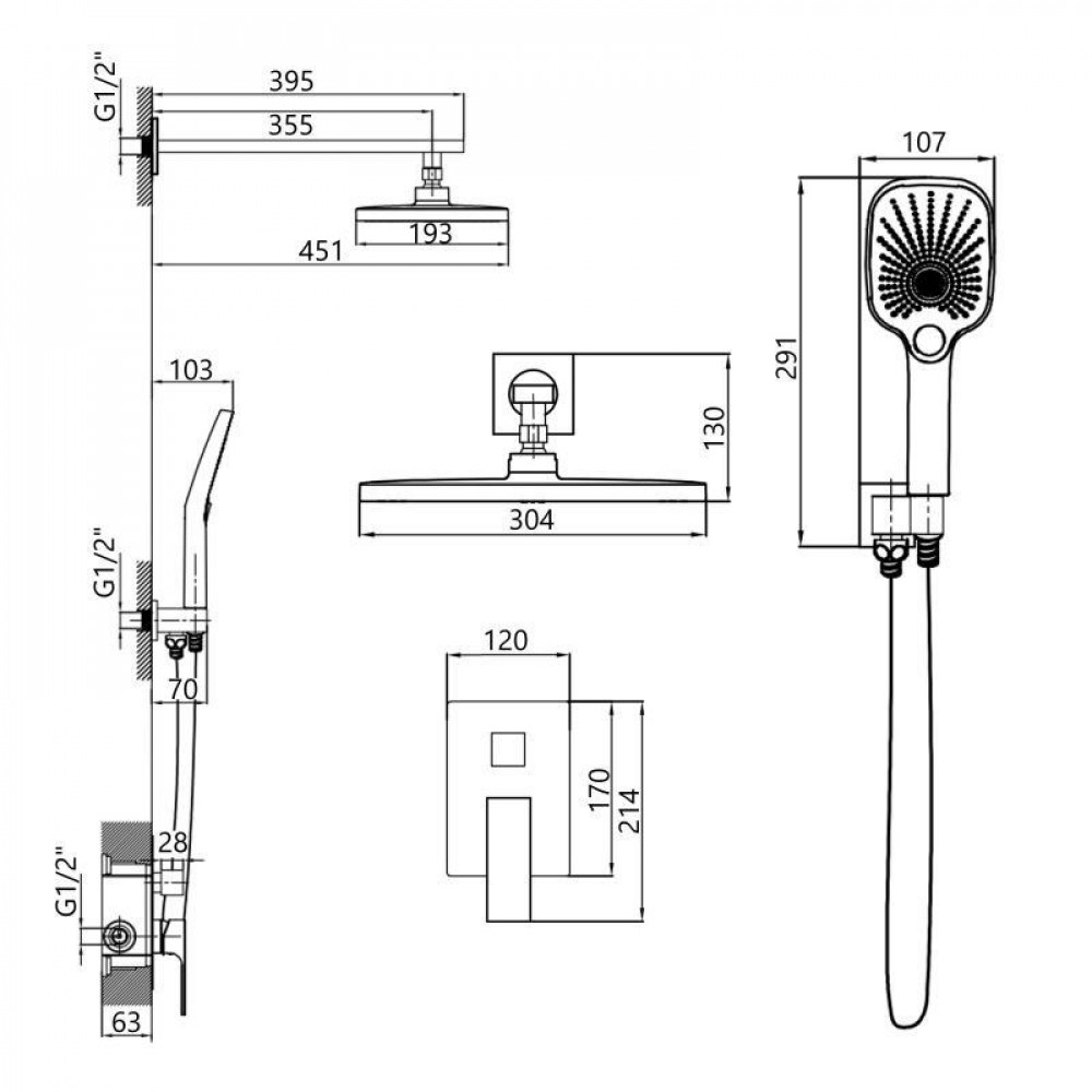 Душова система для душу Qtap Gemini прихованого монтажу на два споживачки QTGEM113GMB45698 Gunmetal Black PVD SD00051822