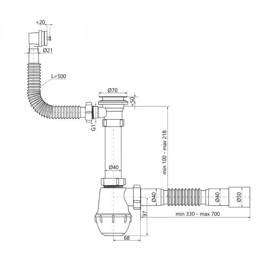 Сифон для кухонної мийки Lidz LK17, колбовий з квадратним переливом (вихід 50 мм) SD00051941