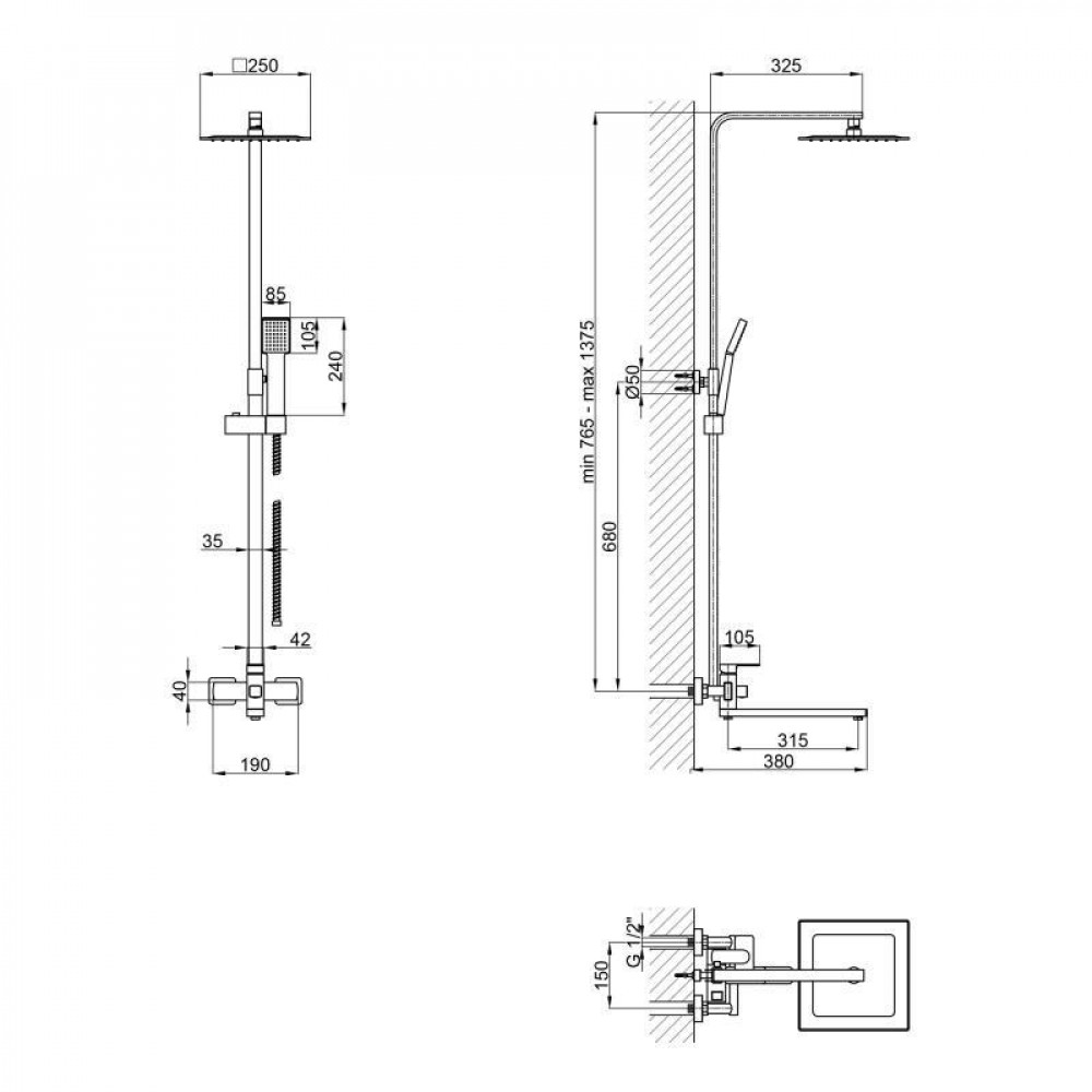 Душова система універсальна Lidz Kubis 1033 на три споживача (з виливом) (k35) LDKUB1033NKS46110 Nickel SD00052234