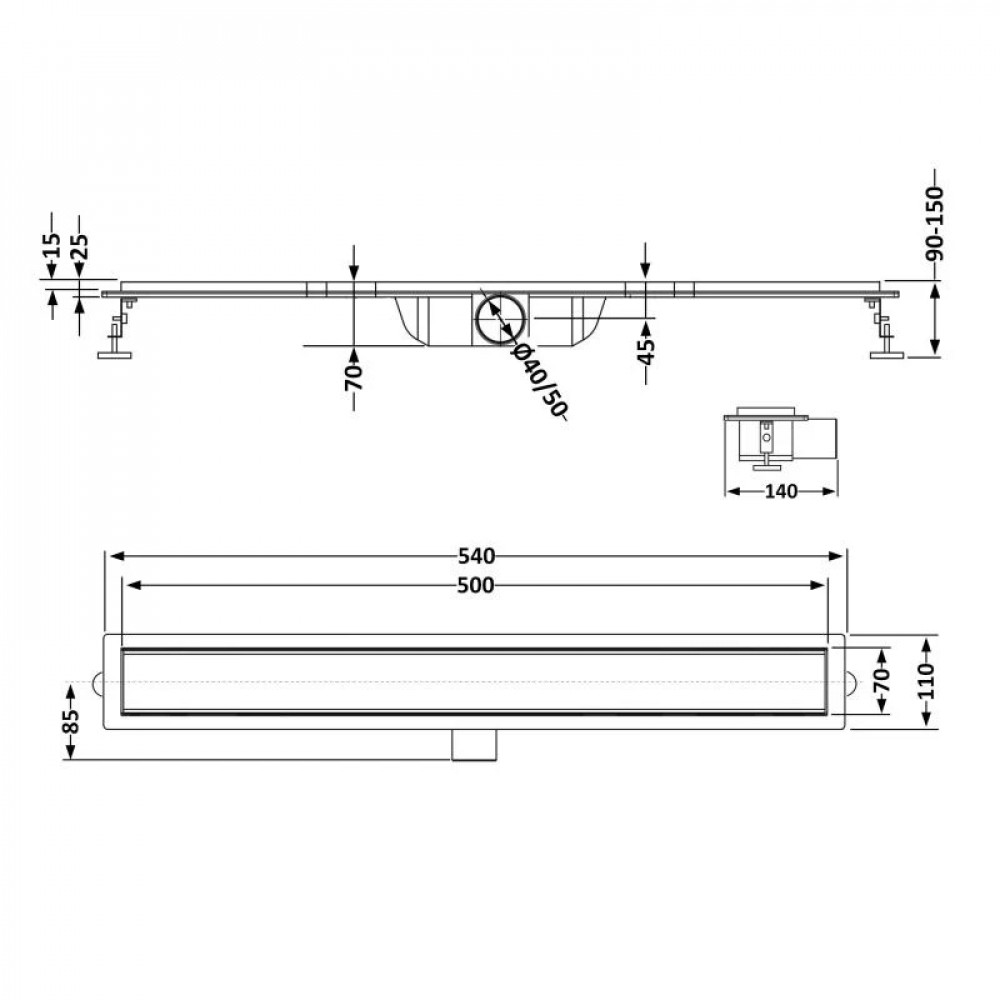 Трап із нержавіючої сталі Qtap Taurus Tile500 лінійний із сухим затвором під плитку SD00052798