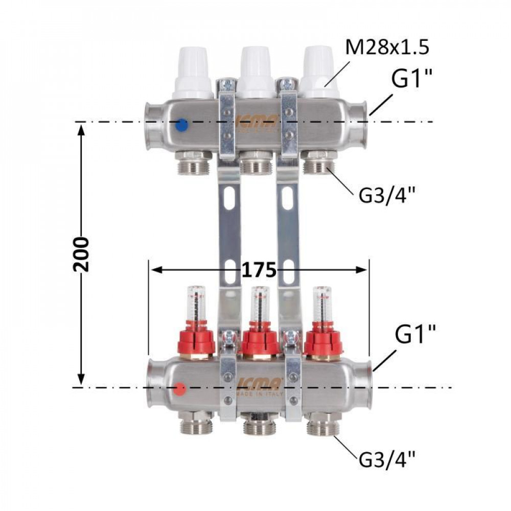 Колектор з витратомірами (нерж.) 3/4"х3 Icma № К073 SD00053336