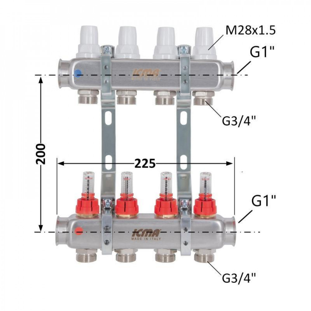 Колектор із витратомірами (нерж.) 3/4"х4 Icma № К073 SD00053337