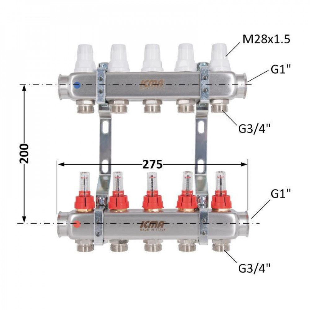 Колектор із витратомірами (нерж.) 3/4"х5 Icma № К073 SD00053338