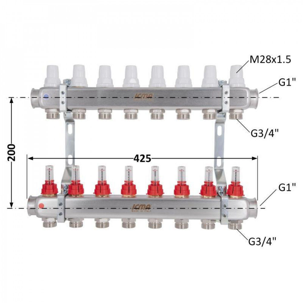 Колектор з витратомірами (нерж.) 3/4" х8 Icma № К073 SD00053341