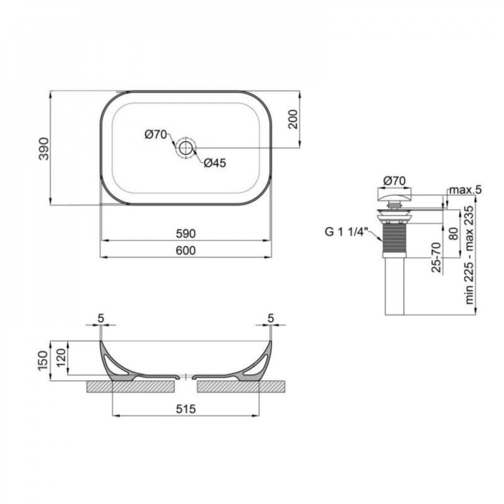Комплект Qtap Robin: Раковина накладна прамокутна 610x400x145 мм Matt Black + Донний клапан PU03 SD00053420