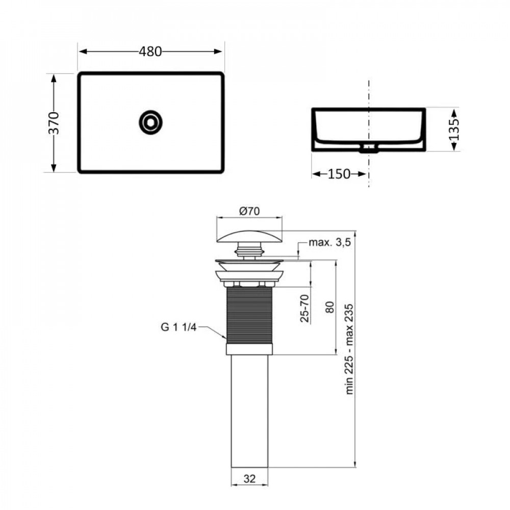 Комплект Qtap Tern: Раковина накладна прамокутна 480х370х135 мм Matt Black + Донний клапан PU03 SD00053424