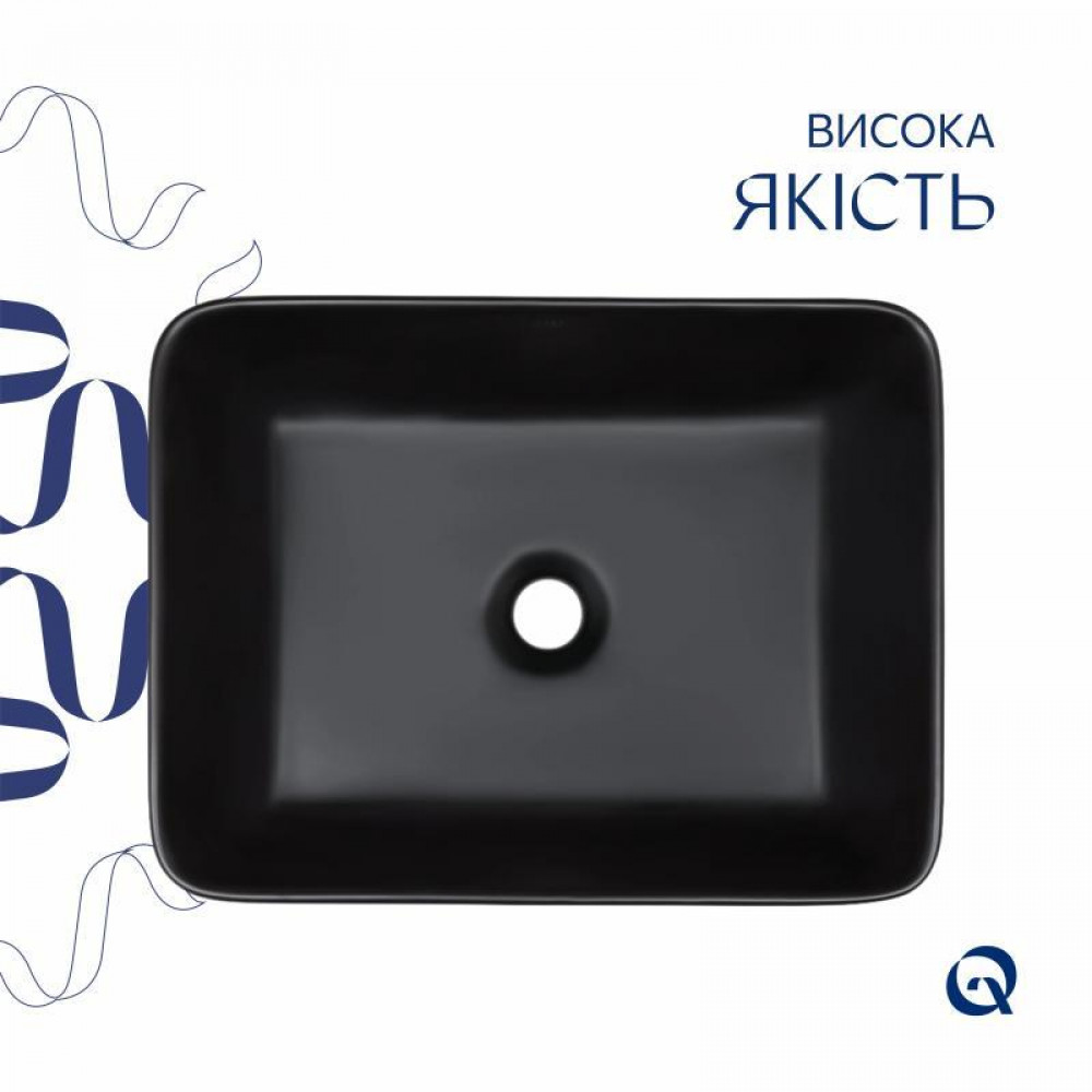 Комплект Qtap Tern: Раковина накладна прамокутна 480х370х135 мм Matt Black + Донний клапан PU03 SD00053424