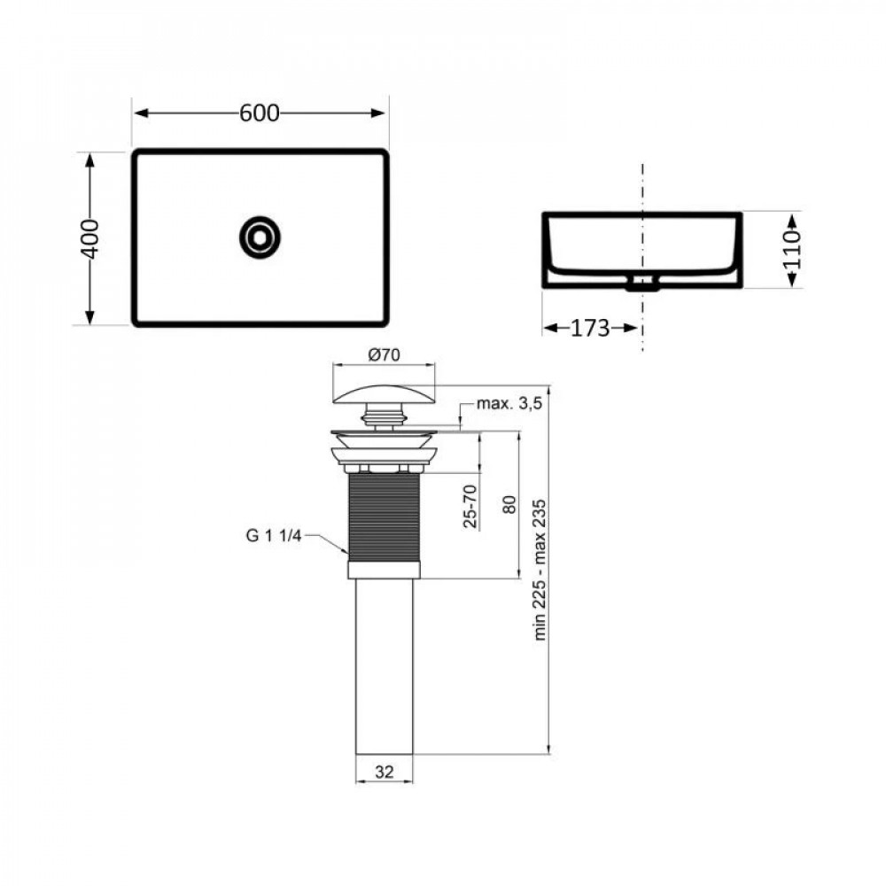 Комплект Qtap Tern: Раковина накладна прамокутна 600x400x110 мм WHITE + Донний клапан PU02 SD00053427