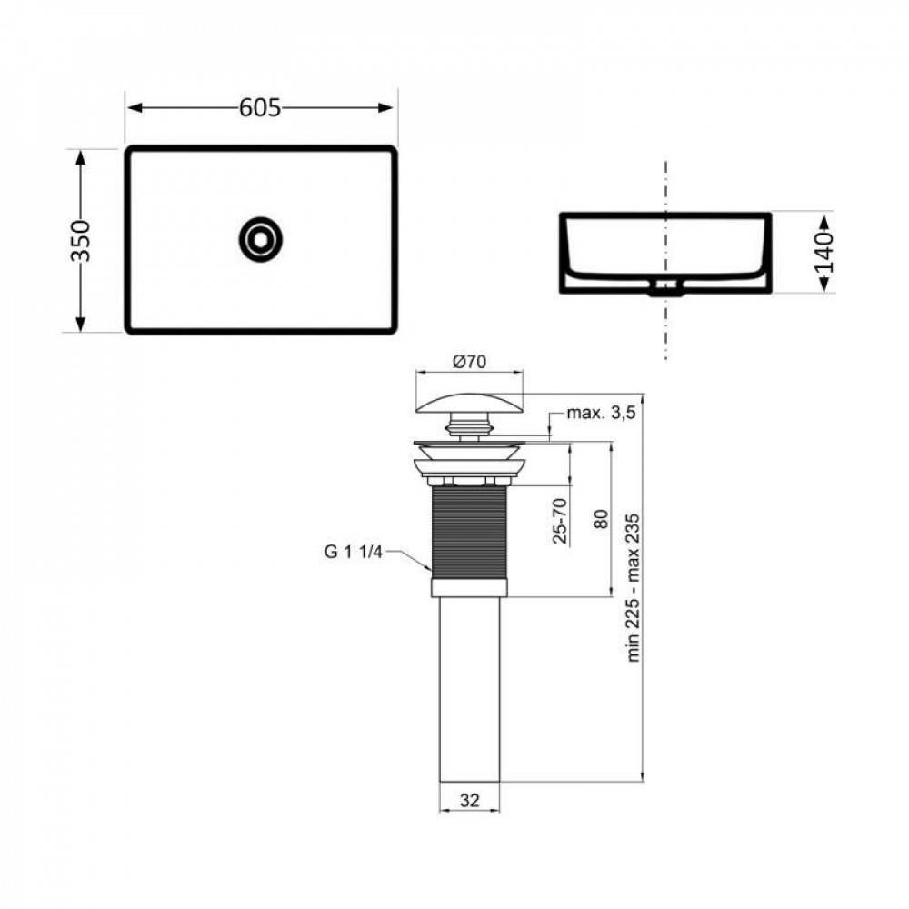 Комплект Qtap Tern: Раковина накладна прамокутна 610x350x135 мм WHITE + Донний клапан PU02 SD00053428