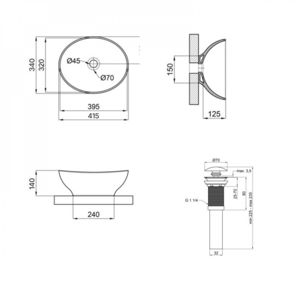 Комплект Qtap Dove: Раковина накладна овальна 415x340x140 мм Matt Black + Донний клапан PU03 SD00053431