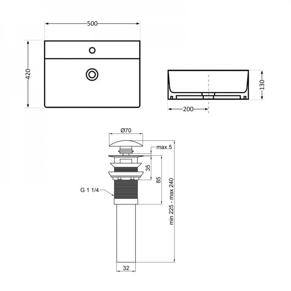 Комплект Qtap Nando LT: Раковина підвісна прамокутна 500х420х130 мм Matt Black + Донний клапан PU03O SD00053446